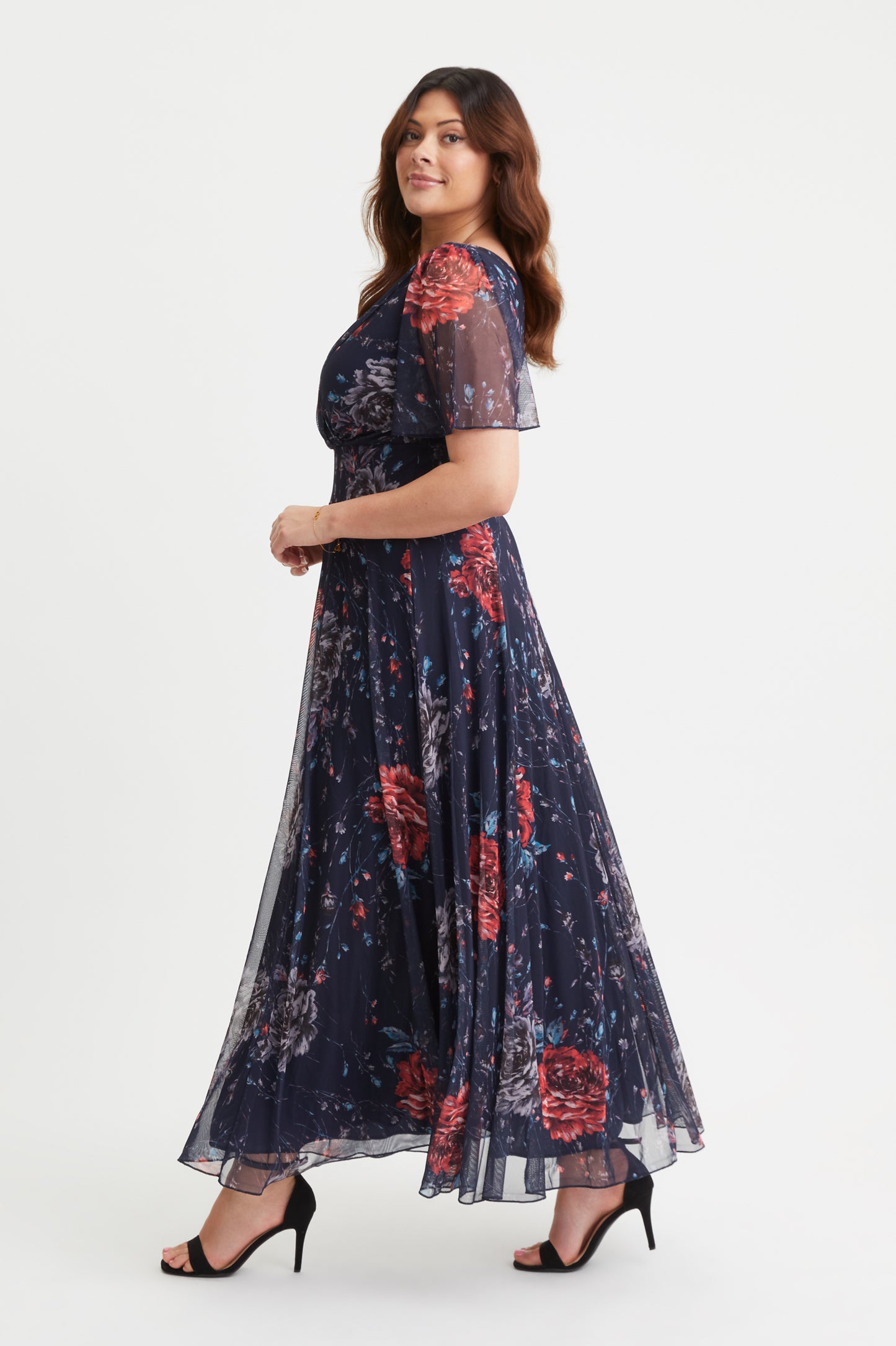 Isabelle Navy Red Rose Float Sleeve Maxi Dress