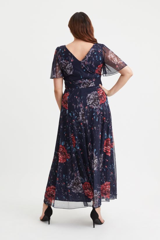 Isabelle Navy Red Rose Float Sleeve Maxi Dress