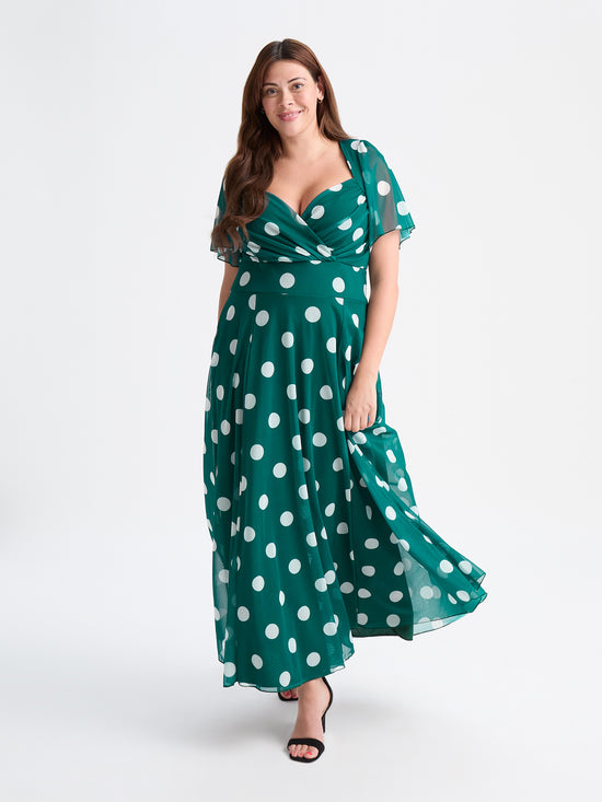 Kemi Dark Green Spot Print Bolero Wrap Bodice Maxi Gown