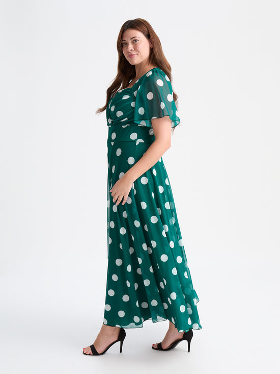 Kemi Dark Green Spot Print Bolero Wrap Bodice Maxi Gown