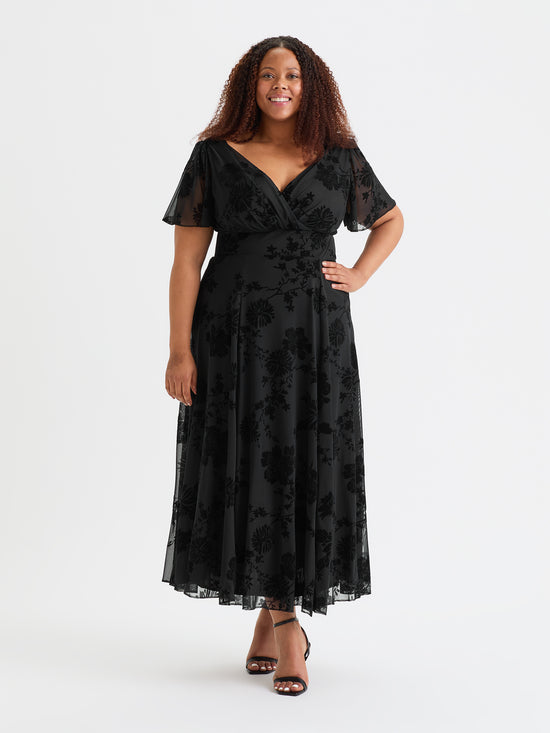 Isabelle Black Chinoise Velvet Flock Angel Sleeve Maxi Dress