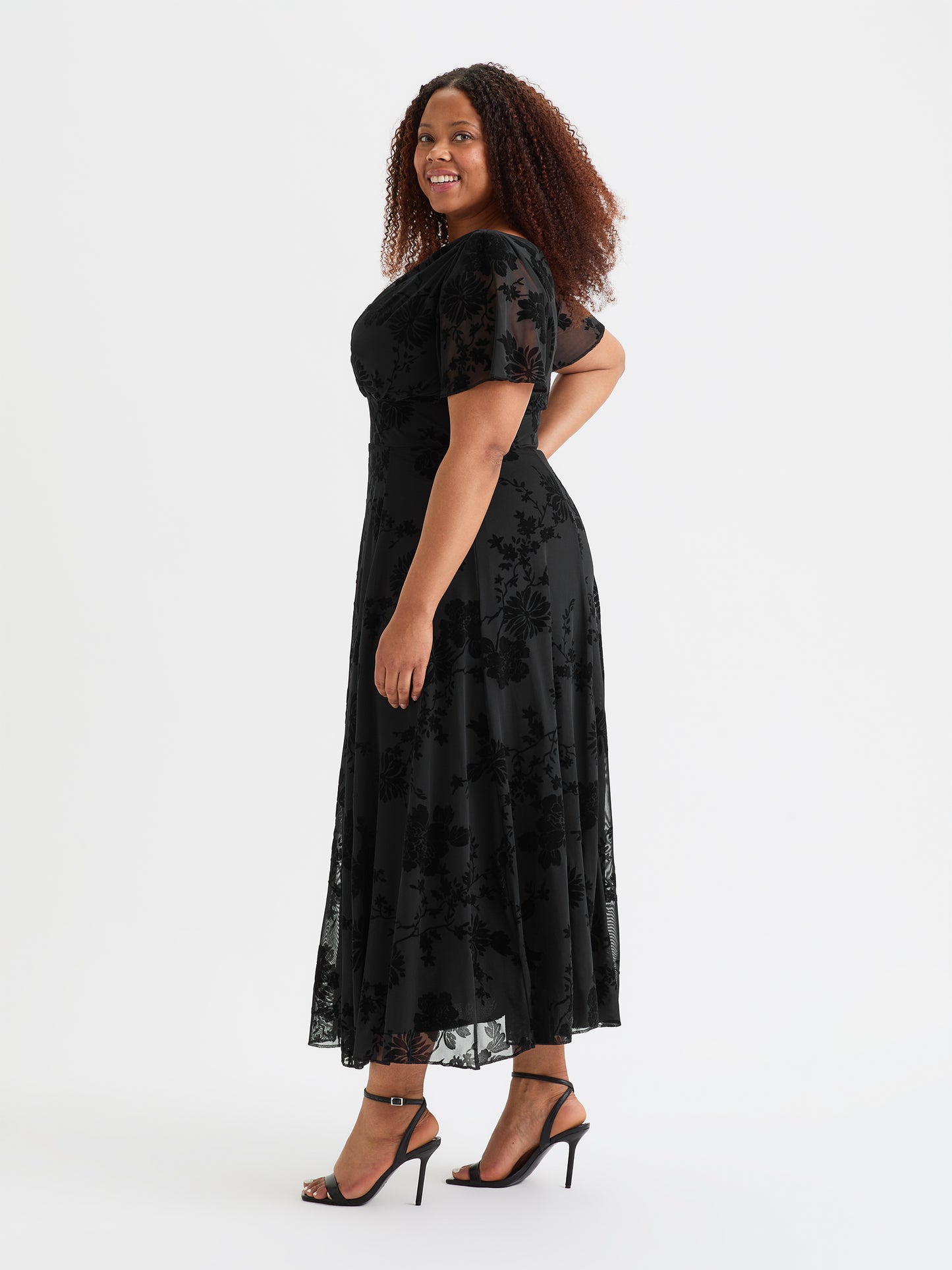 Isabelle Black Chinoise Velvet Flock Angel Sleeve Maxi Dress