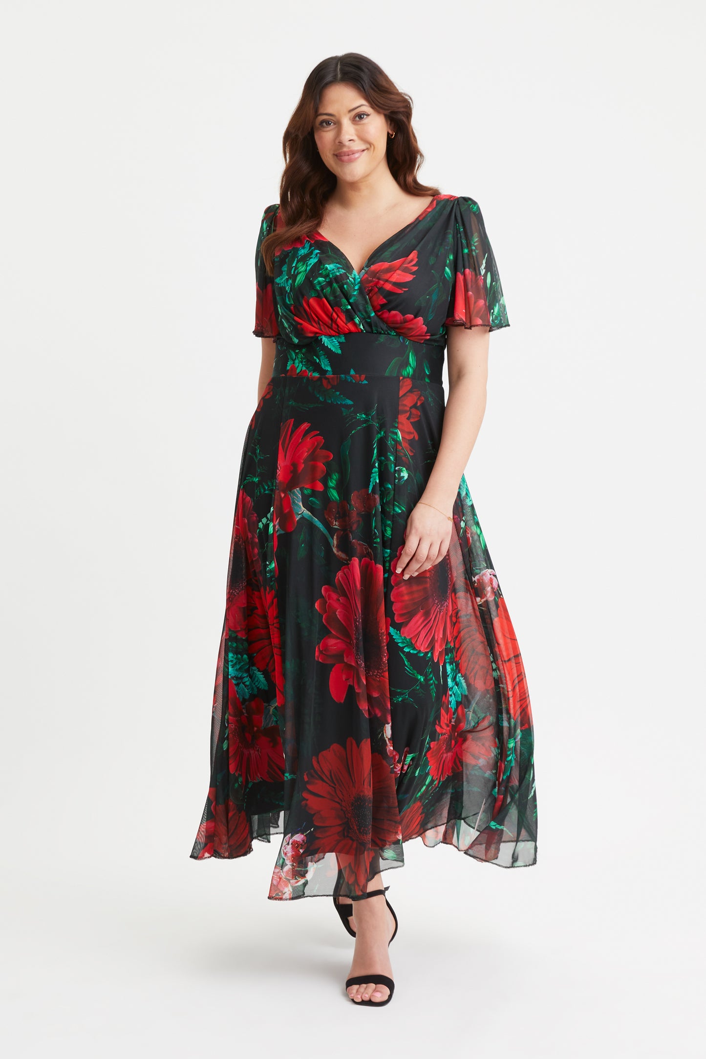 Isabelle Black Red Poppy Float Sleeve Maxi Dress