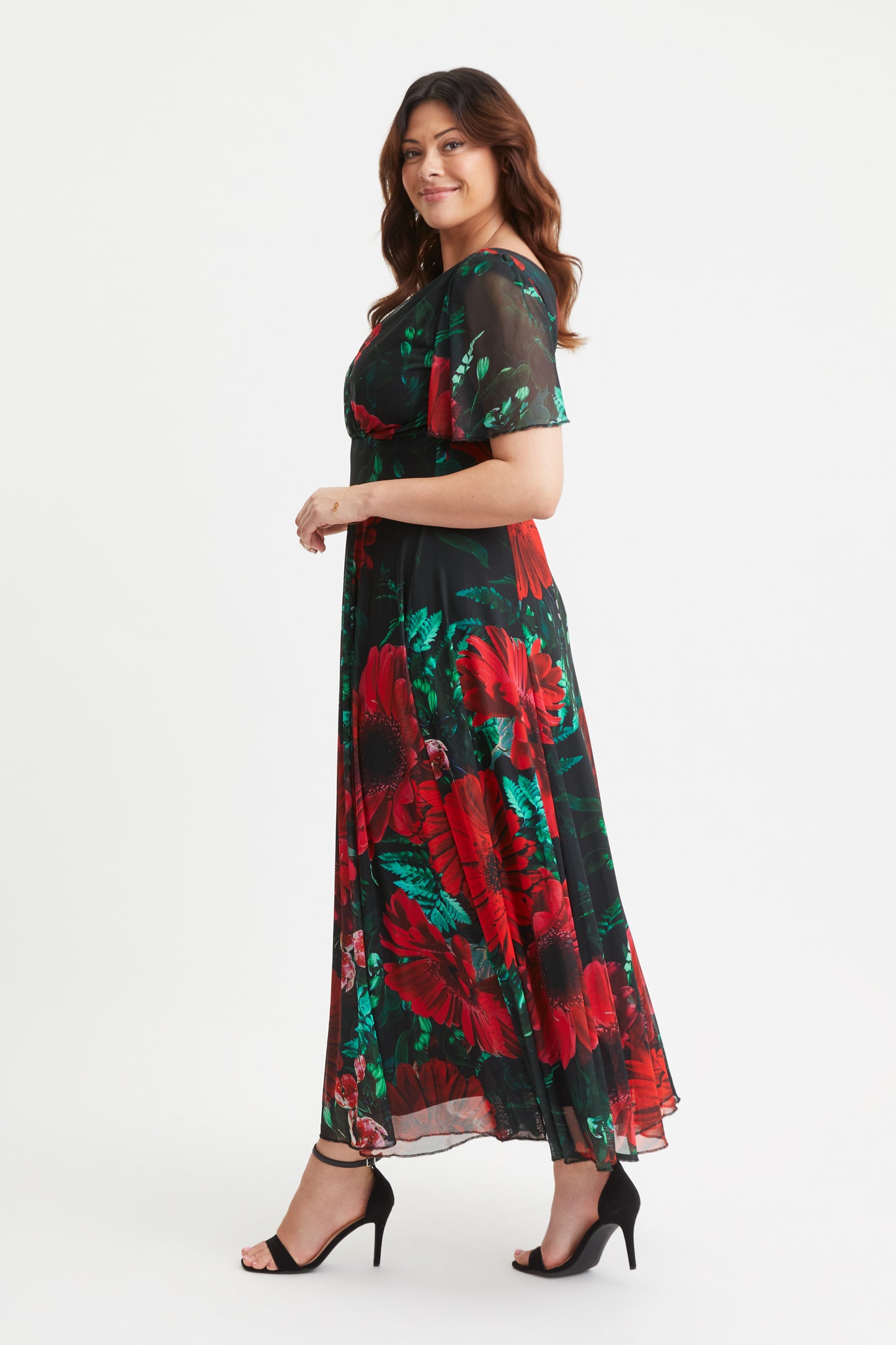 Isabelle Black Red Poppy Float Sleeve Maxi Dress