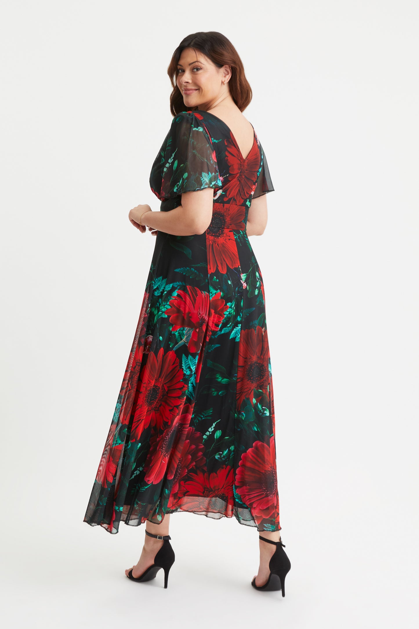 Isabelle Black Red Poppy Float Sleeve Maxi Dress