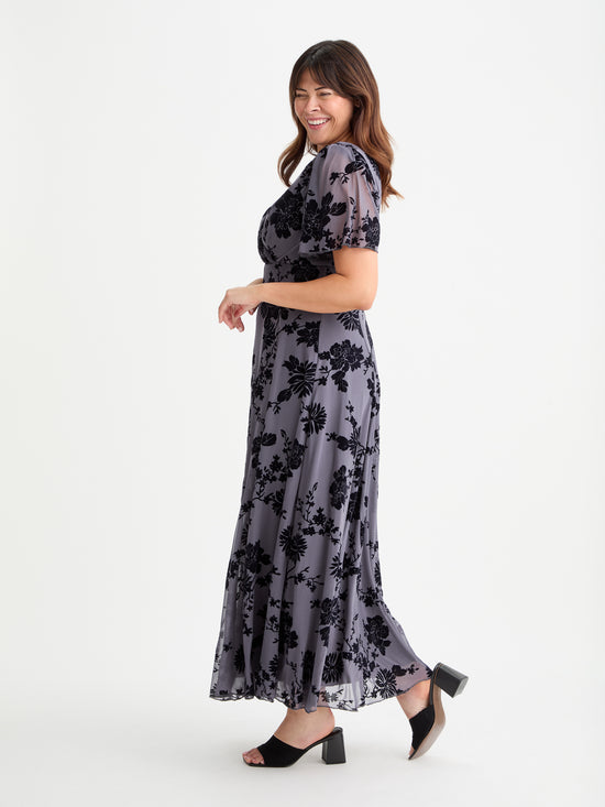 Isabelle Dark Grey Chinoise Velvet Flock Angel Sleeve Maxi Dress