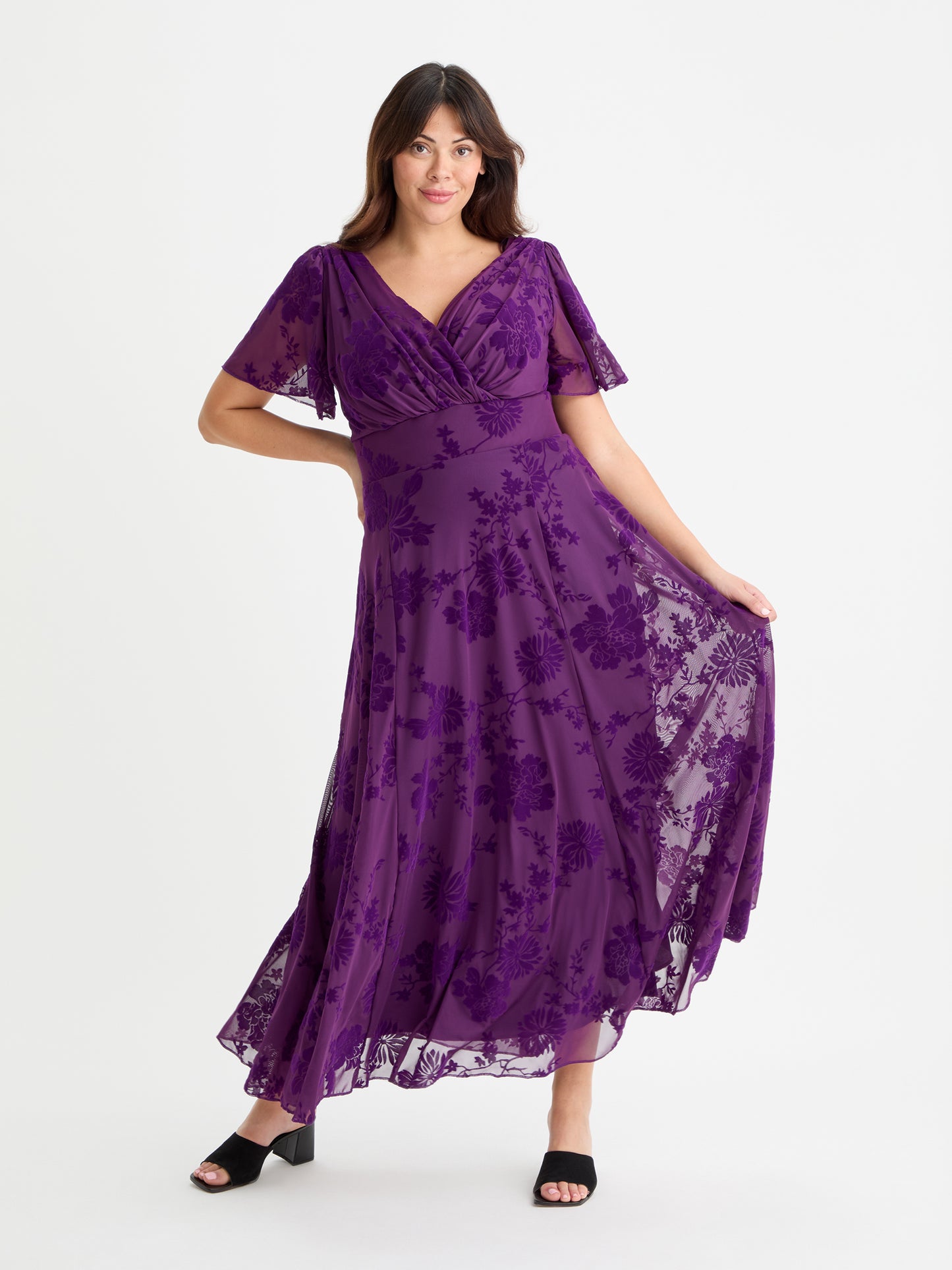 Isabelle Purple Chinoise Velvet Flock Angel Sleeve Maxi Dress