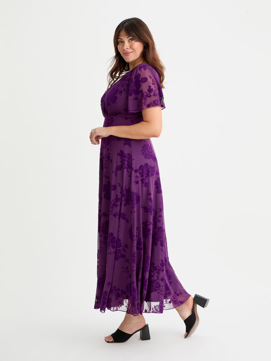 Isabelle Purple Chinoise Velvet Flock Angel Sleeve Maxi Dress