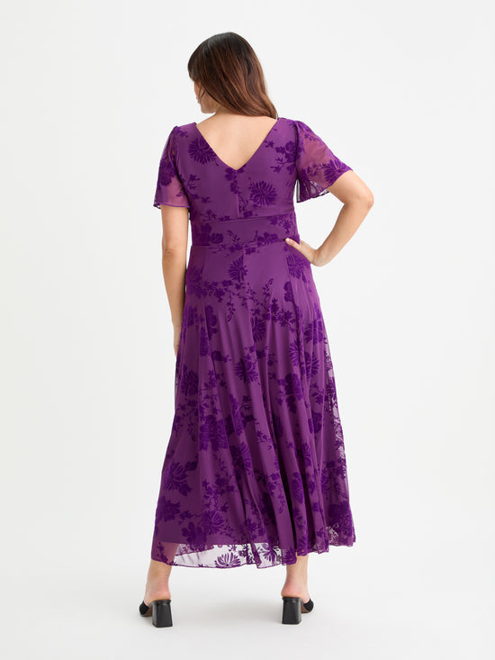 Isabelle Purple Chinoise Velvet Flock Angel Sleeve Maxi Dress