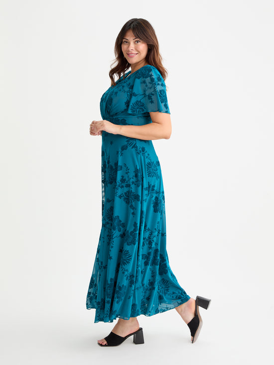 Isabelle Teal Chinoise Velvet Flock Angel Sleeve Maxi Dress