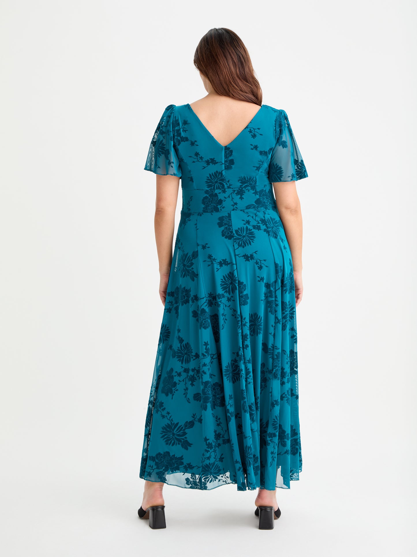 Isabelle Teal Chinoise Velvet Flock Angel Sleeve Maxi Dress