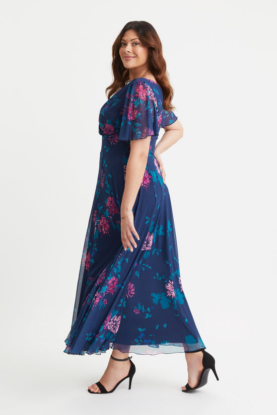 Isabelle New Blue Pink Float Sleeve Maxi Dress