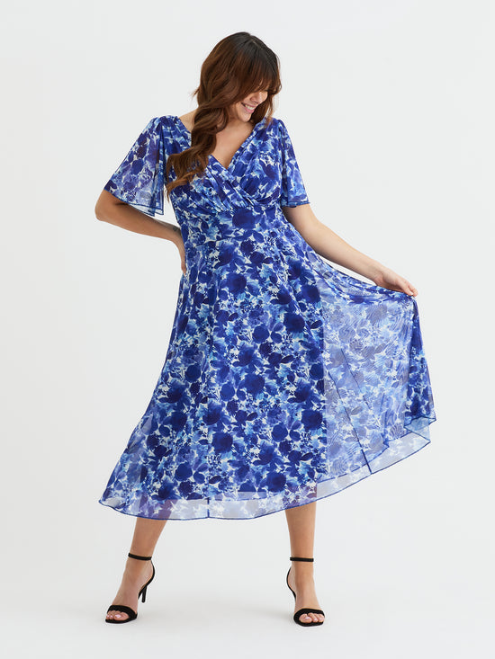 Victoria Cobalt Blue Print Angel Sleeve Mesh Long Midi Dress