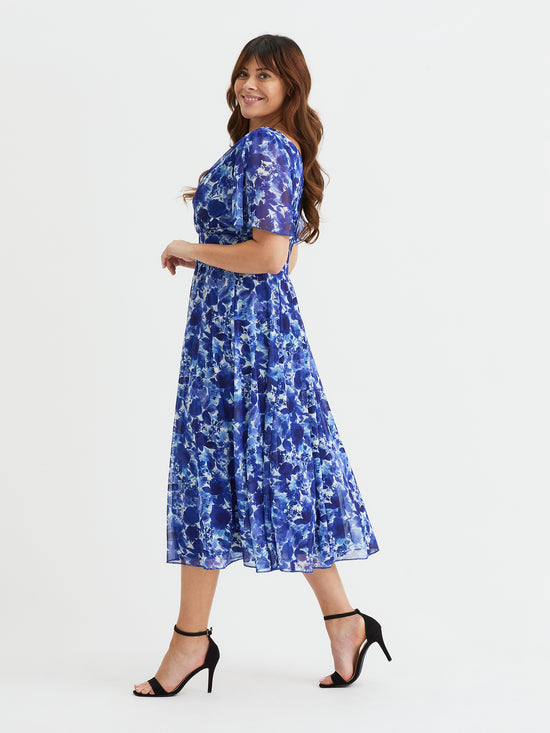 Victoria Cobalt Blue Print Angel Sleeve Mesh Long Midi Dress