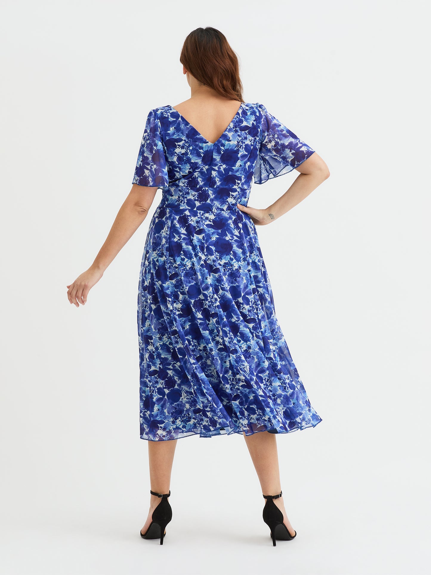 Victoria Cobalt Blue Print Angel Sleeve Mesh Long Midi Dress