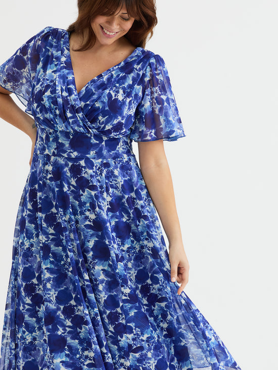 Victoria Cobalt Blue Print Angel Sleeve Mesh Long Midi Dress