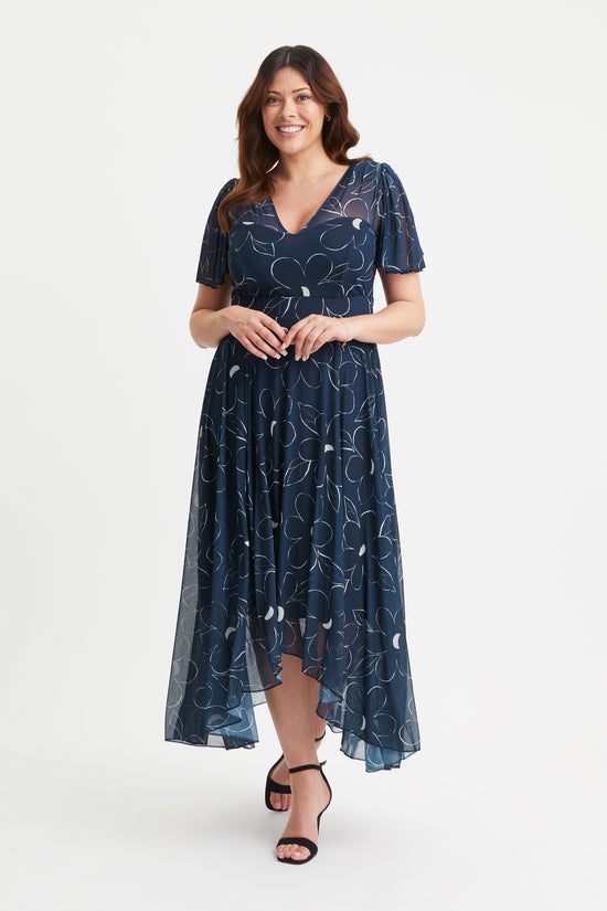 Tilly Navy Floral Print Angel Sleeve Sweetheart Dress