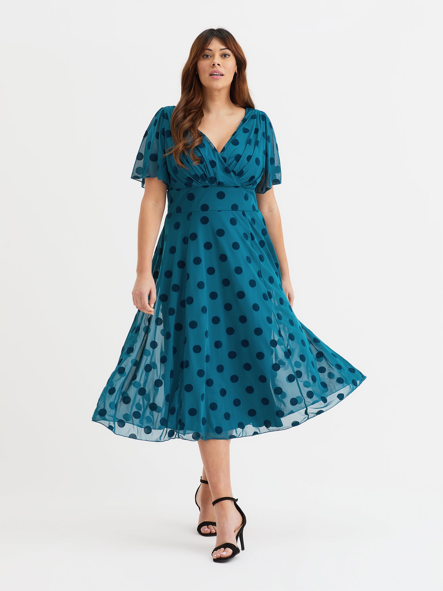 Victoria Teal Velvet Flock Angel Sleeve Mesh Long Midi Dress