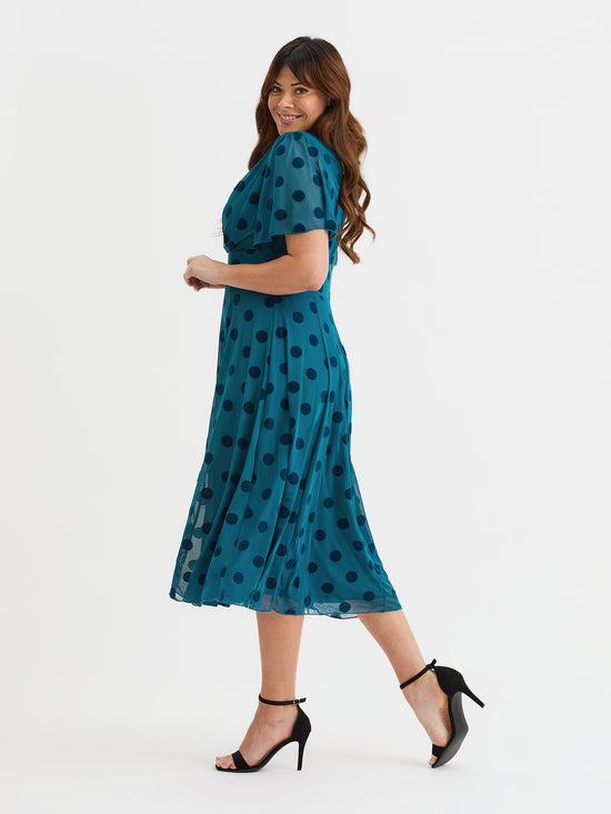 Victoria Teal Velvet Flock Angel Sleeve Mesh Long Midi Dress