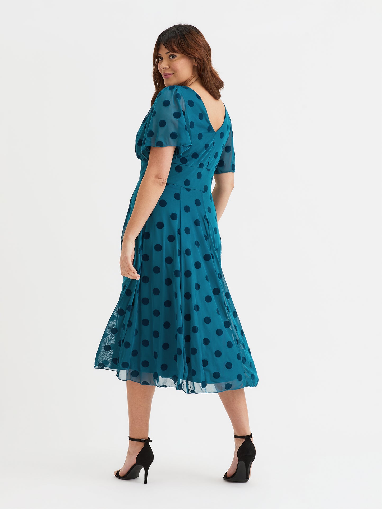 Victoria Teal Velvet Flock Angel Sleeve Mesh Long Midi Dress