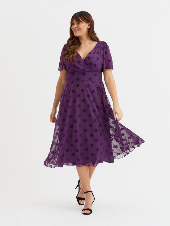 Victoria Purple Velvet Flock Angel Sleeve Mesh Long Midi Dress