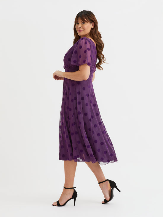 Victoria Purple Velvet Flock Angel Sleeve Mesh Long Midi Dress