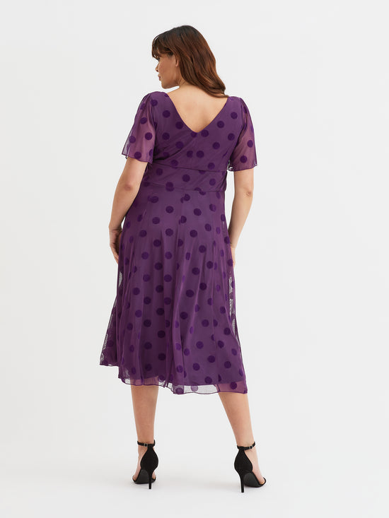 Victoria Purple Velvet Flock Angel Sleeve Mesh Long Midi Dress