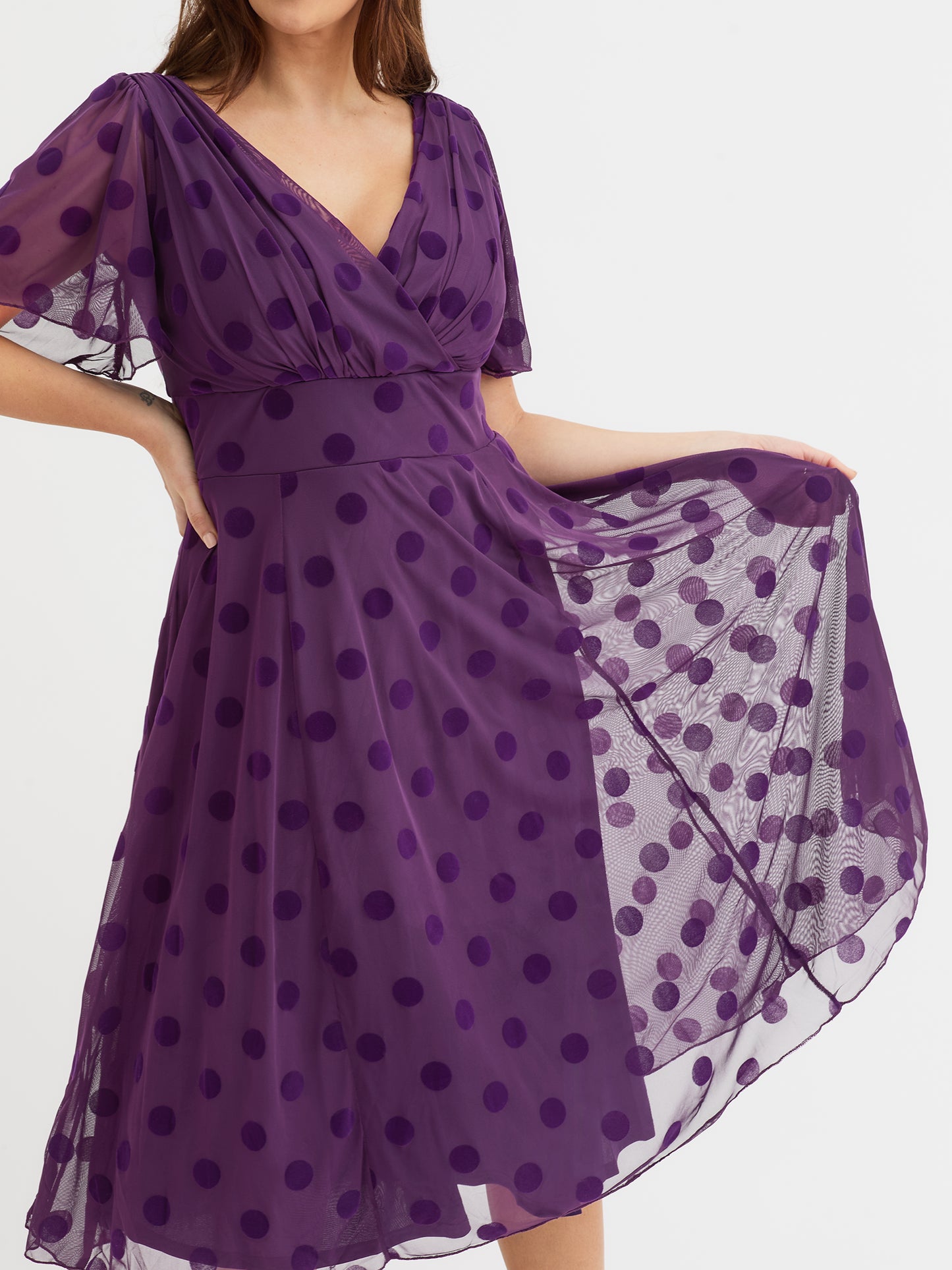 Victoria Purple Velvet Flock Angel Sleeve Mesh Long Midi Dress