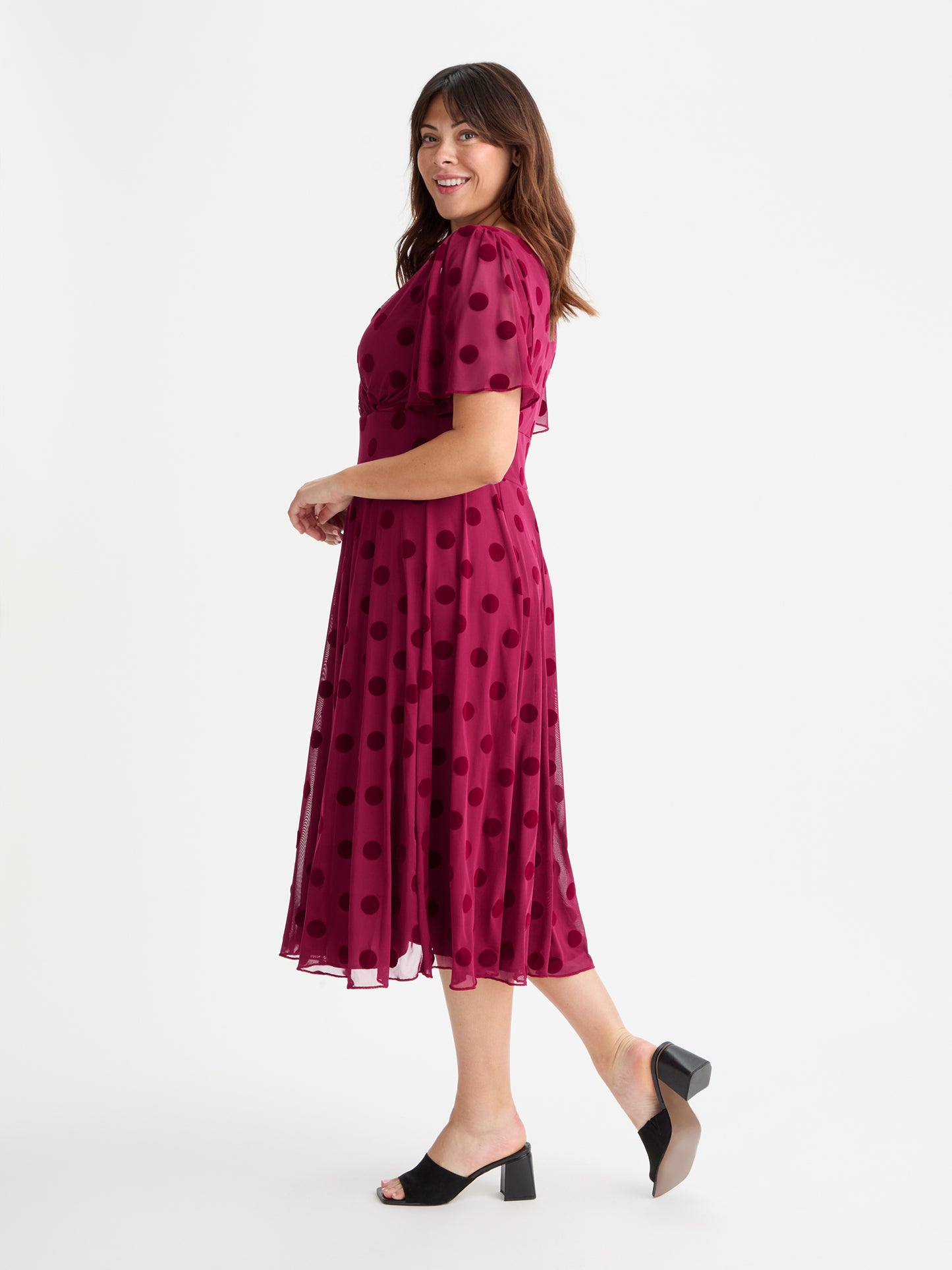 Victoria Wine Velvet Flock Angel Sleeve Mesh Long Midi Dress