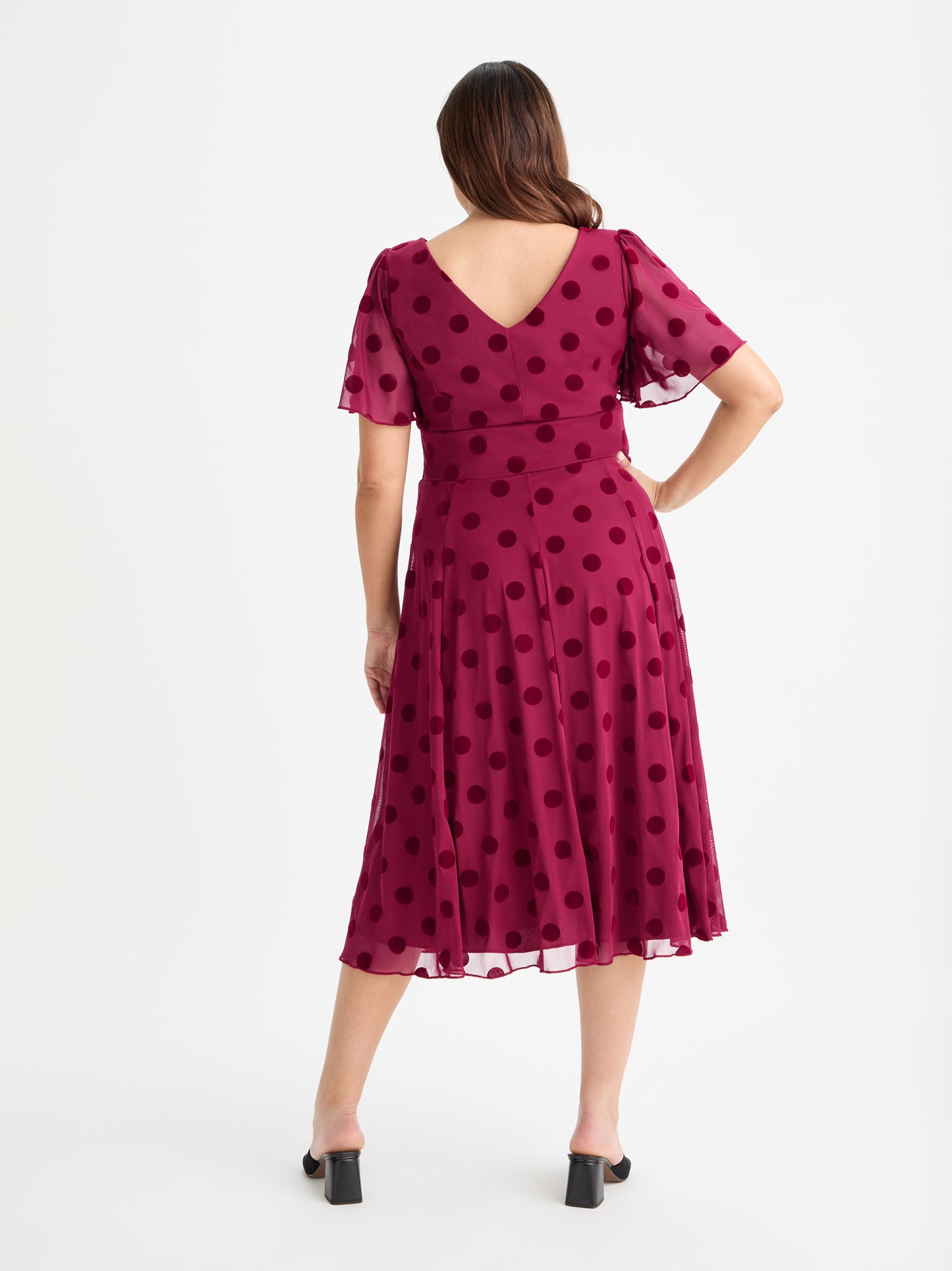 Victoria Wine Velvet Flock Angel Sleeve Mesh Long Midi Dress