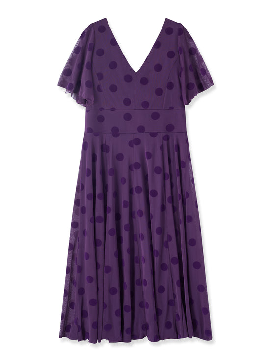 Victoria Purple Velvet Flock Angel Sleeve Mesh Long Midi Dress