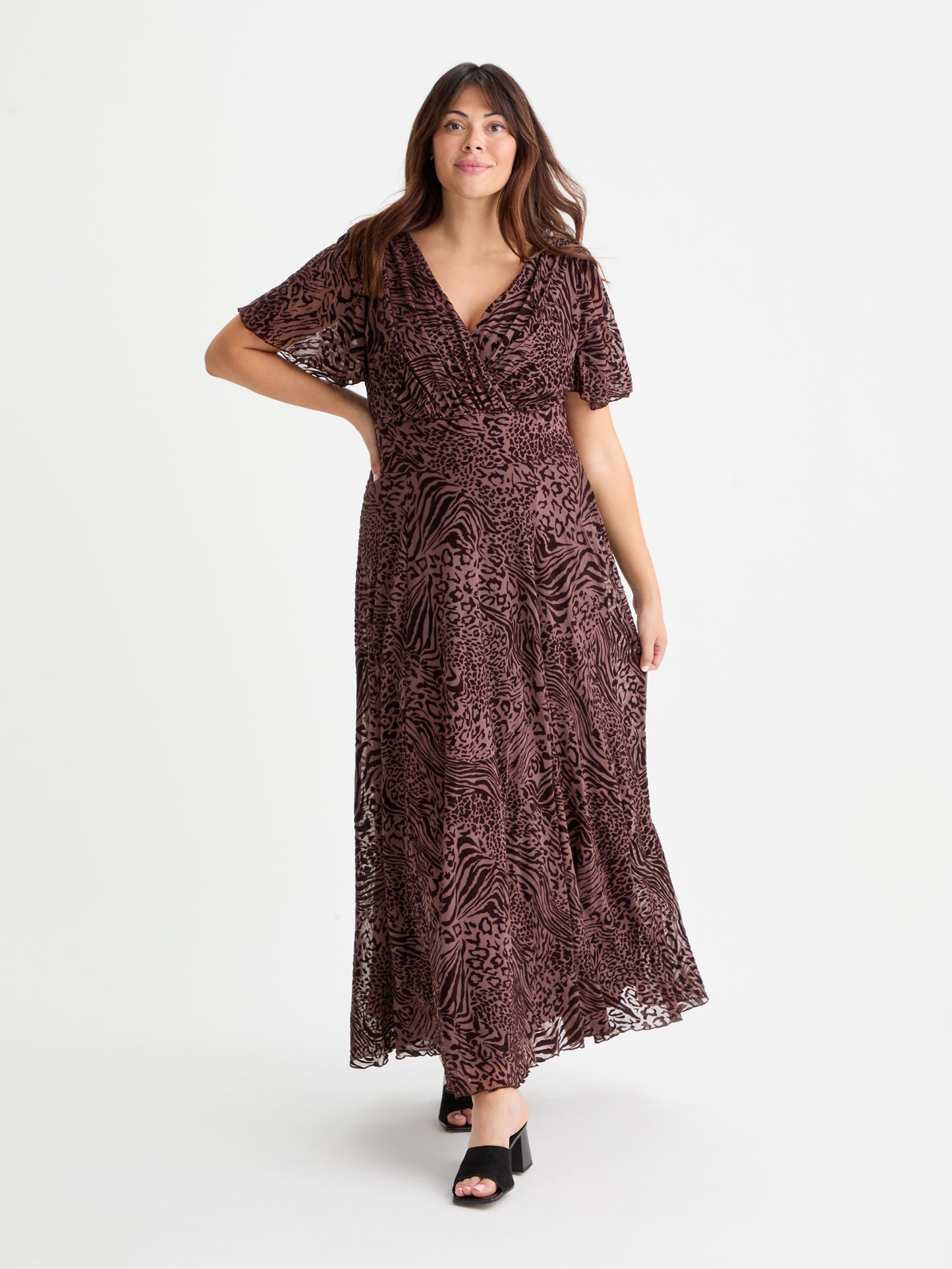 Isabelle Chocolate Leopard Velvet Flock Angel Sleeve Maxi Dress