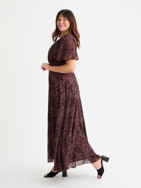 Isabelle Chocolate Leopard Velvet Flock Angel Sleeve Maxi Dress