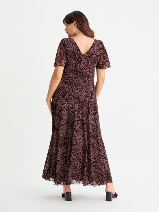 Isabelle Chocolate Leopard Velvet Flock Angel Sleeve Maxi Dress