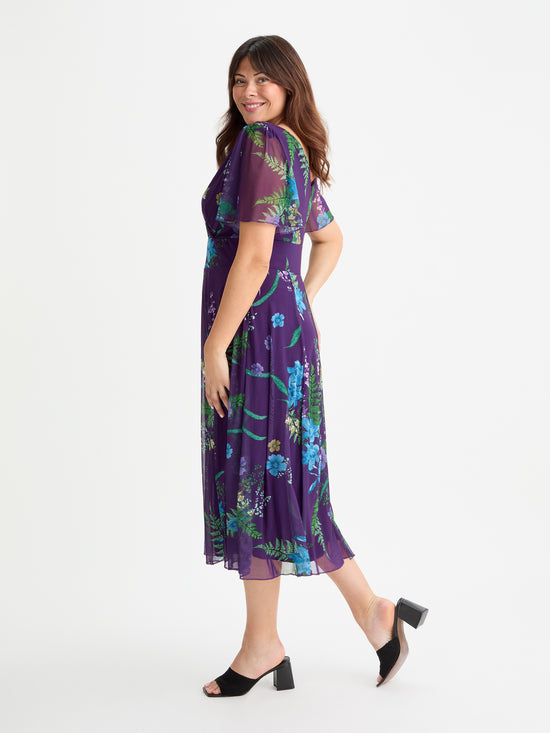 Victoria Purple Green Blue Angel Sleeve Mesh Long Midi Dress