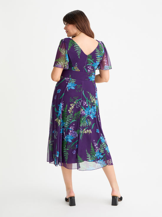 Victoria Purple Green Blue Angel Sleeve Mesh Long Midi Dress