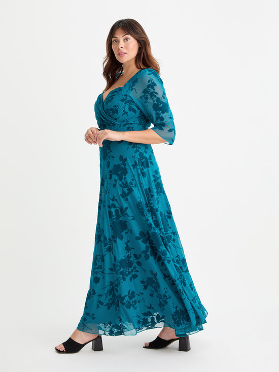 Elizabeth Teal Flocked Mesh Maxi Gown