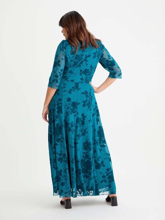 Elizabeth Teal Flocked Mesh Maxi Gown