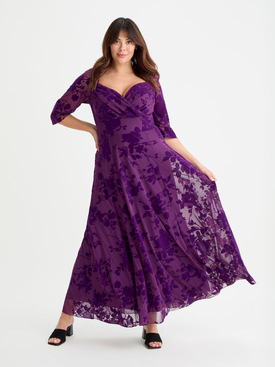 Elizabeth Purple Flocked Mesh Maxi Gown