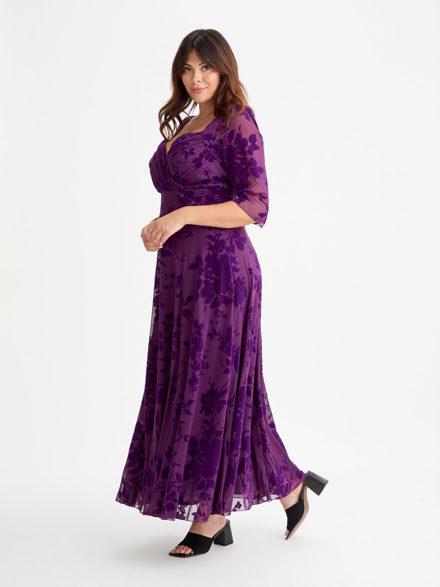 Elizabeth Purple Flocked Mesh Maxi Gown