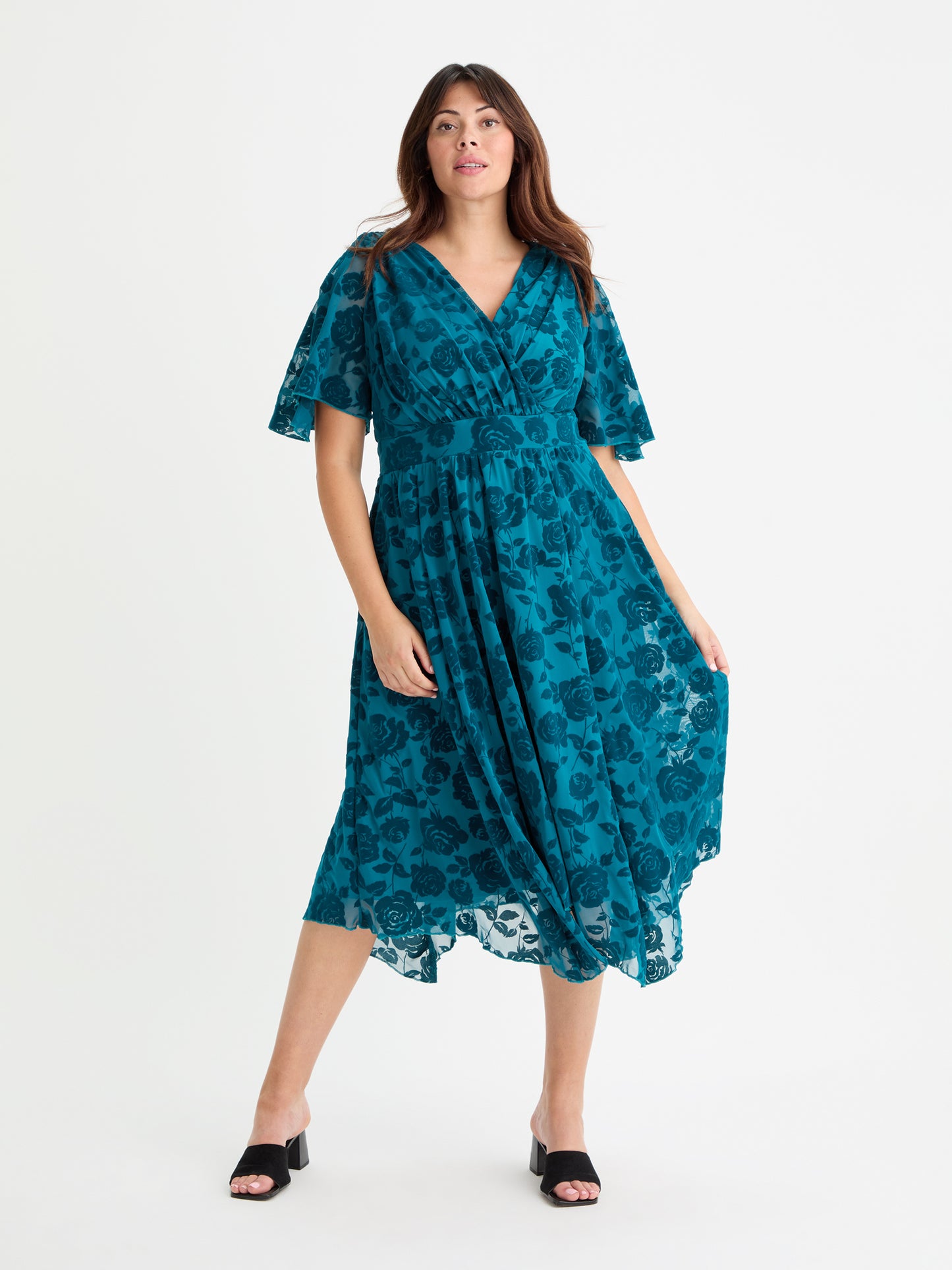 Julie Teal Velvet Flock Hanky Hem Dress