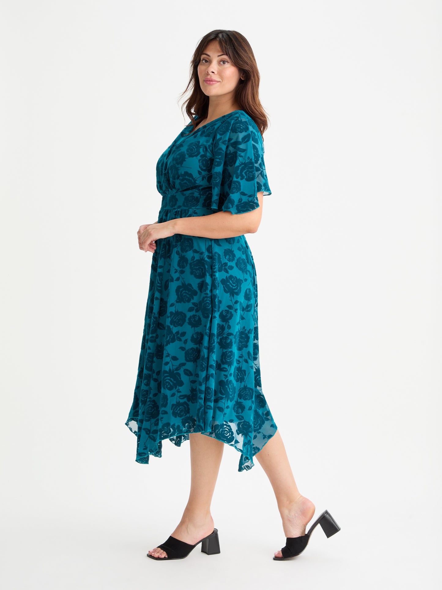 Julie Teal Velvet Flock Hanky Hem Dress