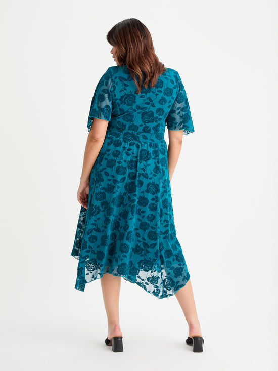 Julie Teal Velvet Flock Hanky Hem Dress