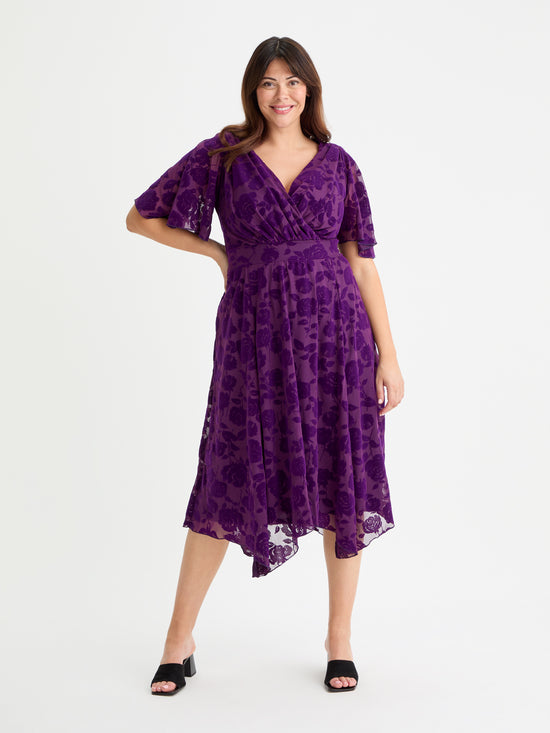 Julie Purple Velvet Flock Hanky Hem Dress