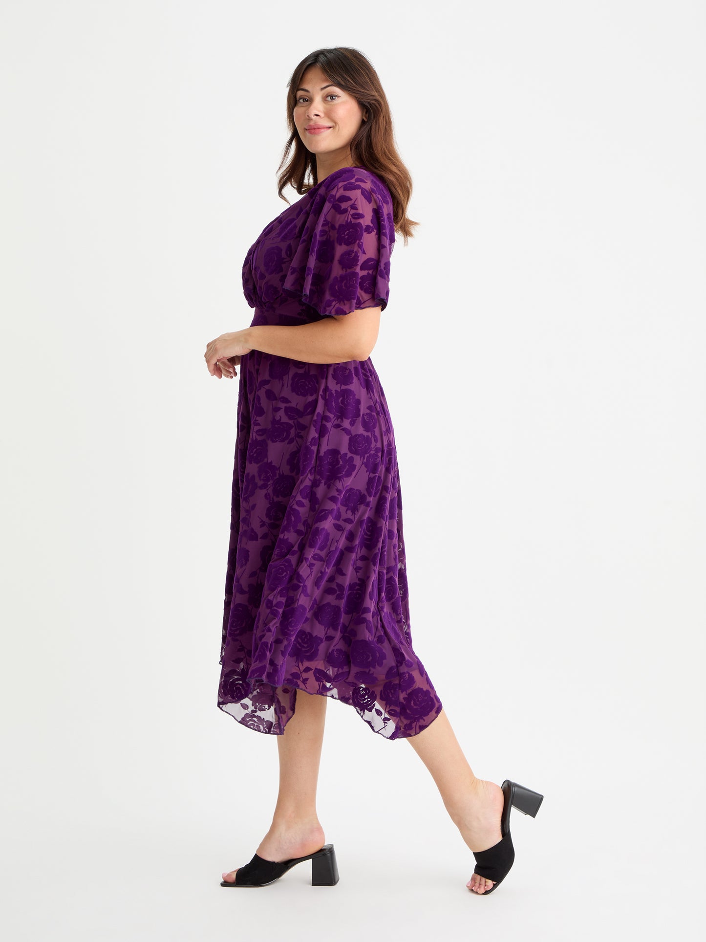 Julie Purple Velvet Flock Hanky Hem Dress