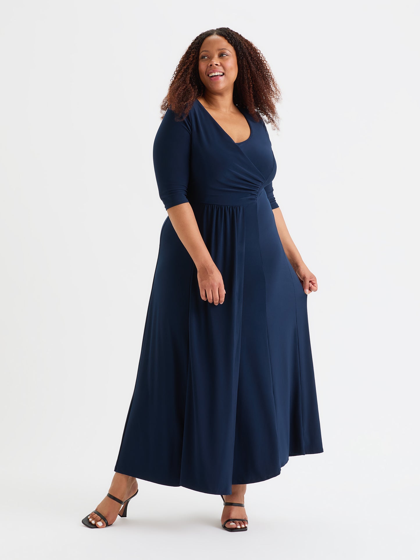 Solid Navy Ruched Maxi Gown