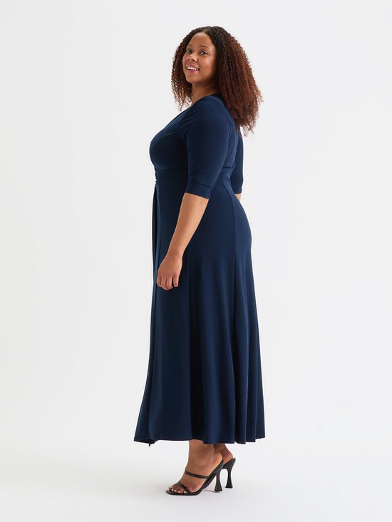 Solid Navy Ruched Maxi Gown