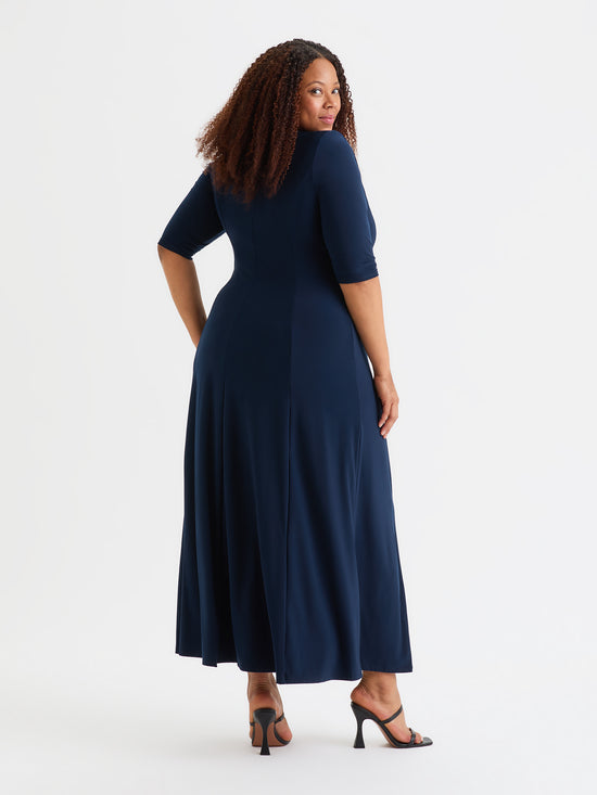 Solid Navy Ruched Maxi Gown