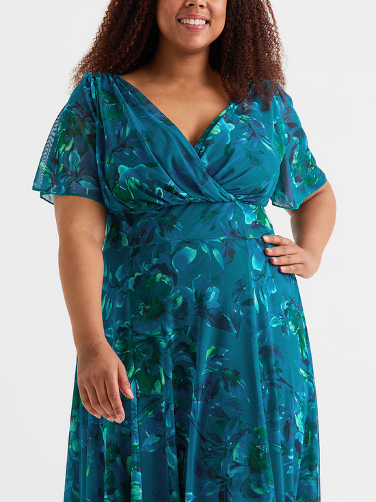 Isabelle Teal Blue Peacock Float Sleeve Maxi Dress