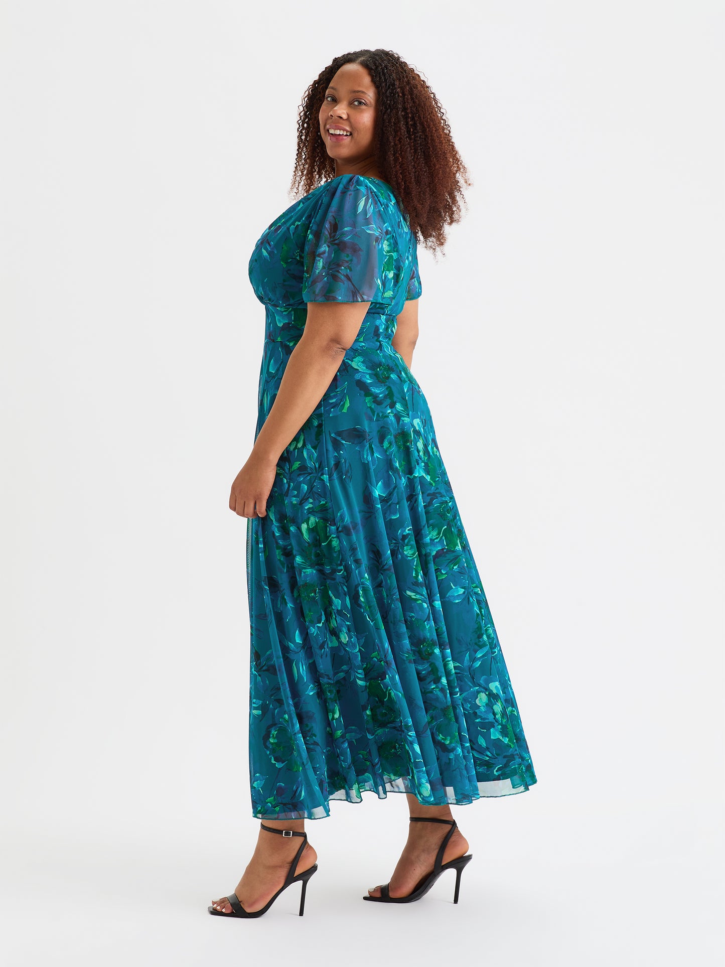 Isabelle Teal Blue Peacock Float Sleeve Maxi Dress